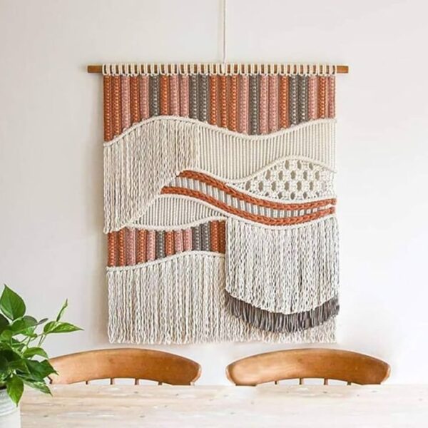 Macrame wall hanging close-up showing handknotted cotton rope detail